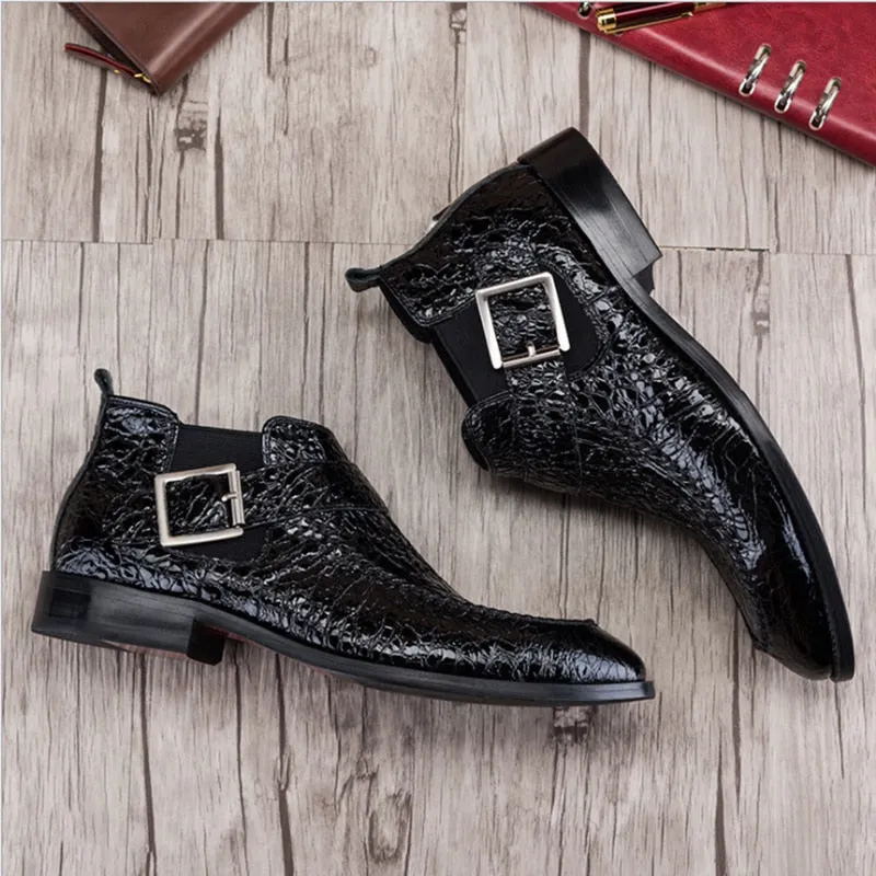 Pointed Toe Croco Pattern with Pin Buckle Design Men Ankle Boot